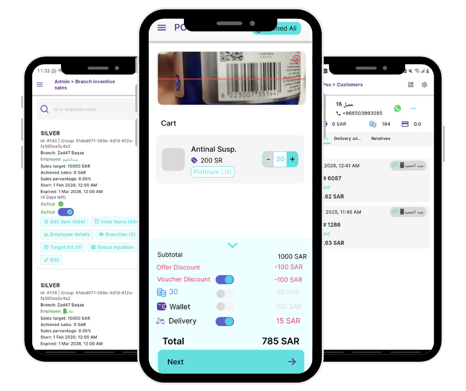 Dawaa Bank pharmacy POS app screens showing cart, customers and branch incentives